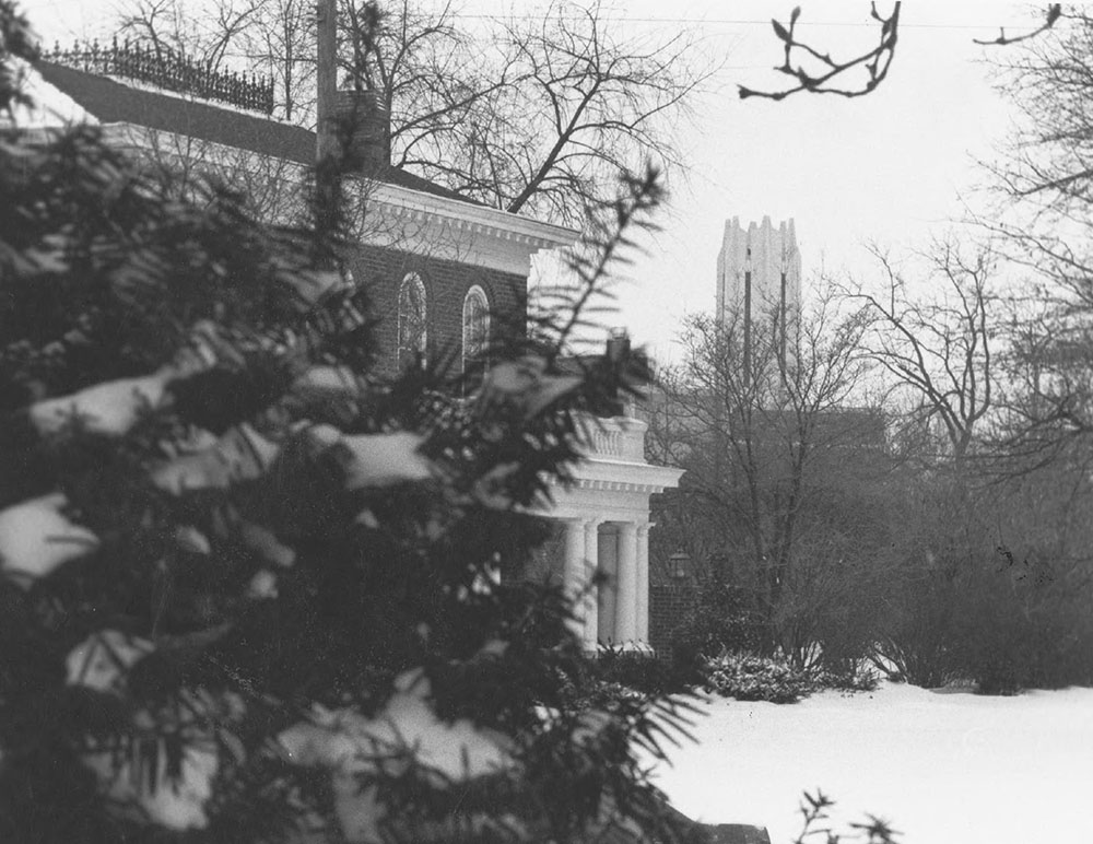 A glimpse of the Memorial Bell Tower from the Gaunt House lawn.