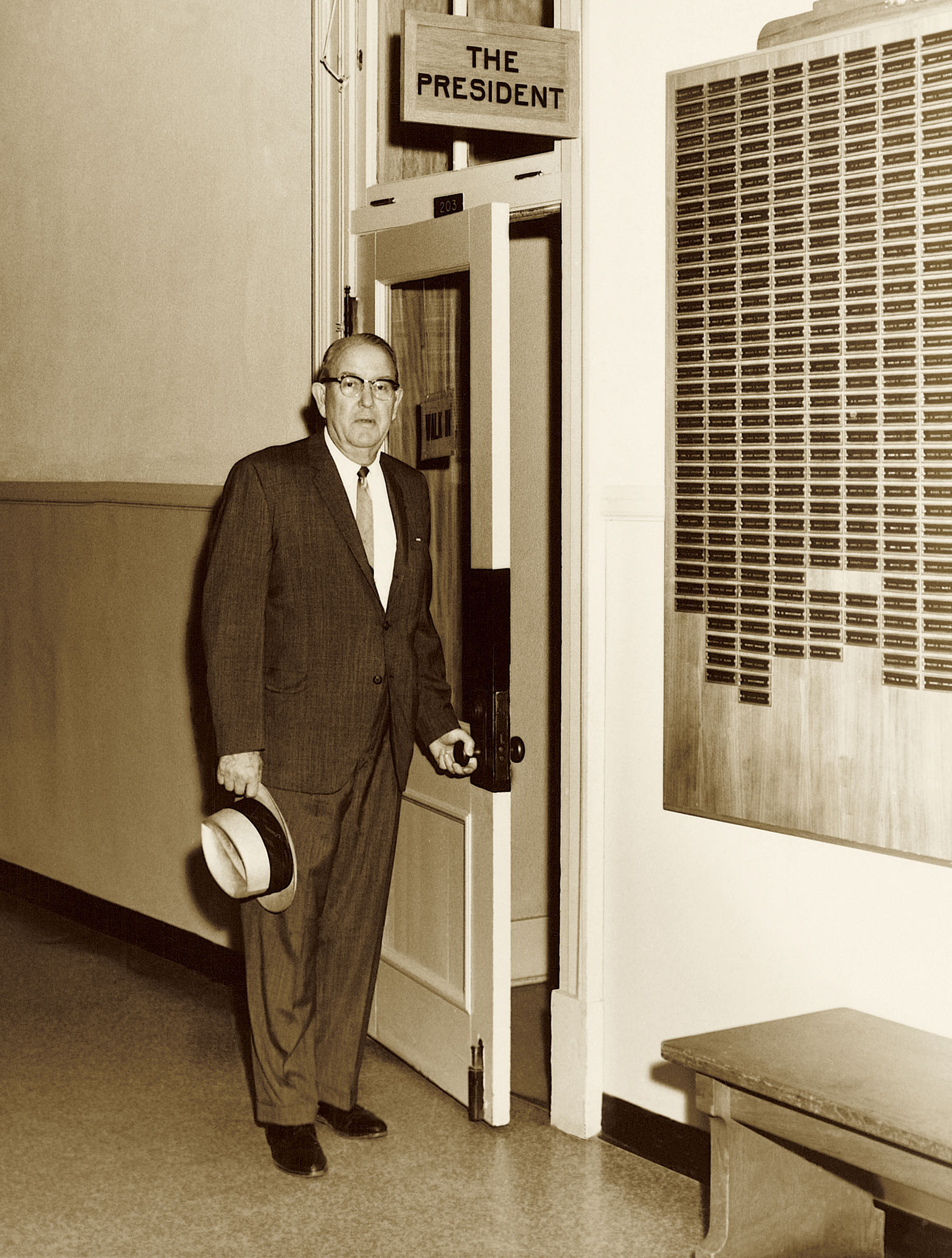 J.W. Jones stands outside the president’s office, which was located at that time on the second floor of the Administration Building. 