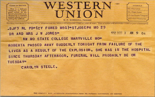 Telegram announcing Roberta's death, the name Steel is misspelled on the form.