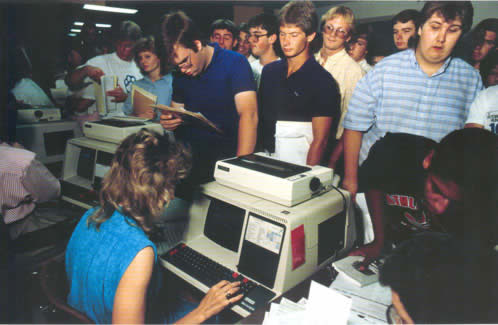 Registering for classes for fall 1987 still involved standing in long lines, but the pull-card system of past decades was gone. In 1991, students started the online self-enrollment process.