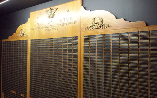 "Roll of Honor" - Valk Center - The World War II Roll of Honor is now displayed in Valk Center. The roll includes 1,094 names and 35 are designated with a gold star. Gold stars indicate the servicemen died while serving.