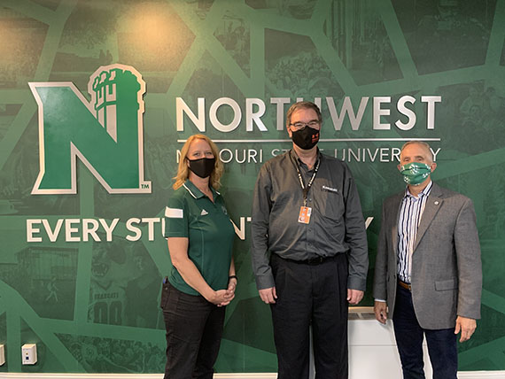 From left to right, Mitzi Marchant, Northwest's director of donor engagement; Tim Melvin, manager of human resources at Kawasaki; and Northwest President Dr. John Jasinski met recently to reaffirm a partnership involving the University and Kawasaki to offer meaningful work experiences while further supporting Northwest programs and scholarships. (Northwest Missouri State University photo)