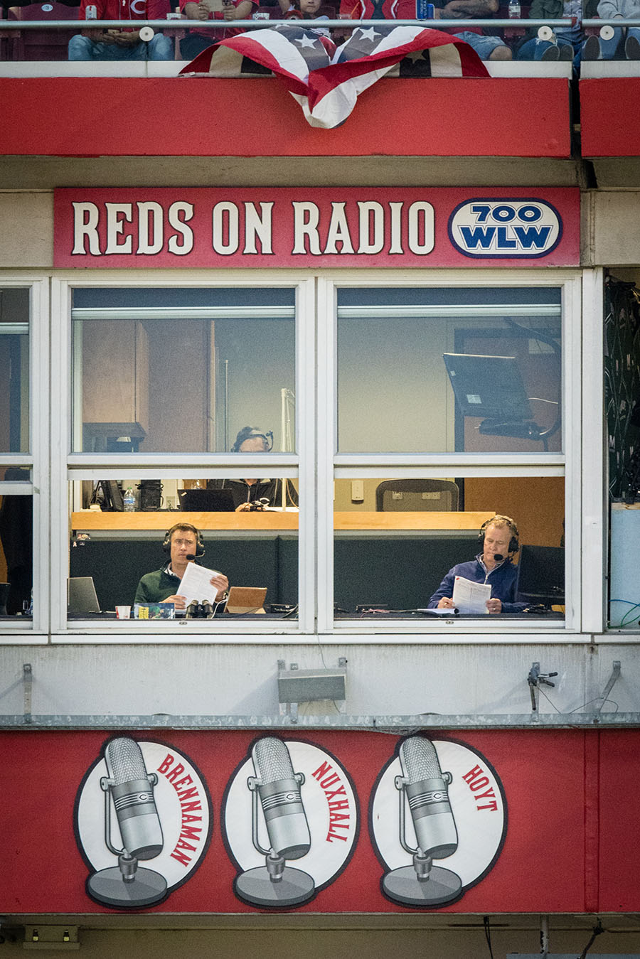 Partnered with former Major League pitcher Jeff Brantley (above on right), Tommy Thrall occupies the radio booth for a storied baseball franchise whose previous play-by-play announcers include Marty Brennaman, Joe Nuxhall and Waite Hoyt. 