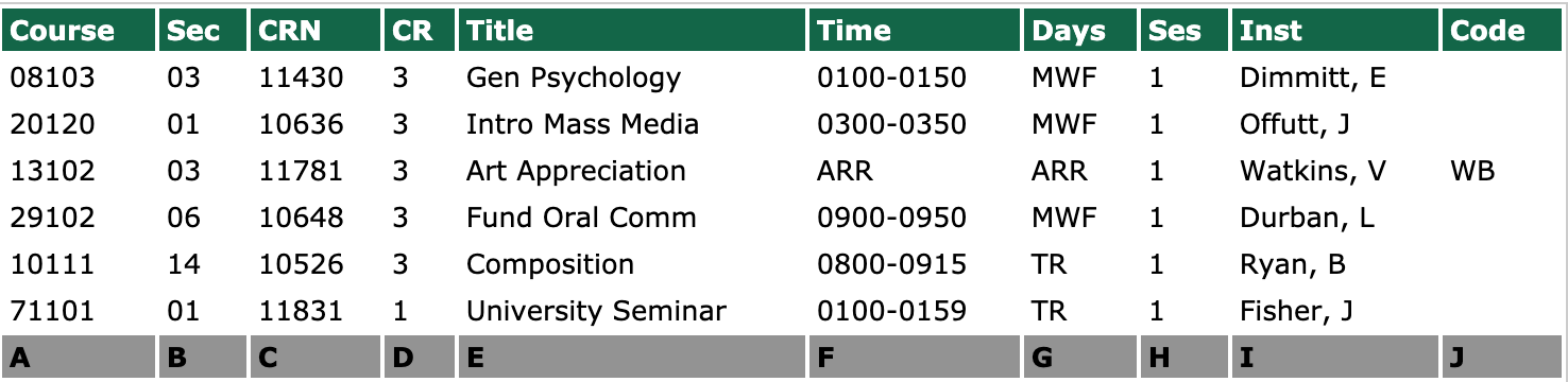 course schedule example