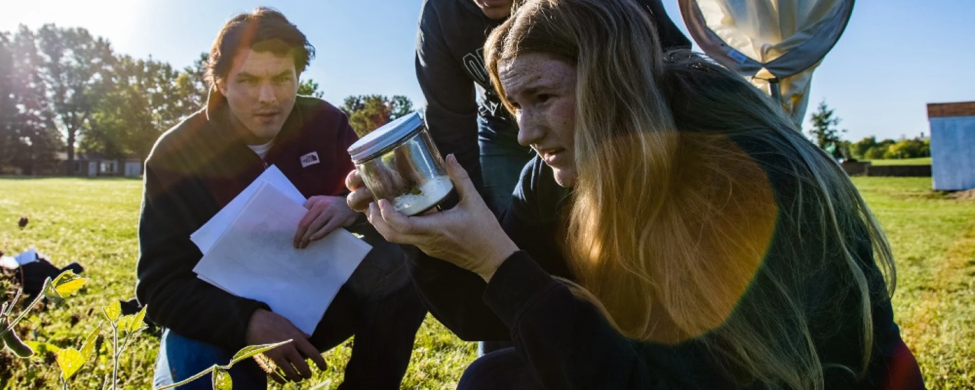 A female student attempts to identify an insect inside a jar caught during entomology class