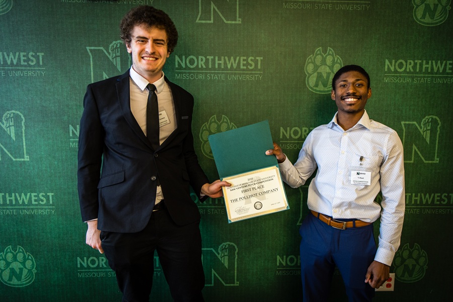 Missouri University of Science and Technology students Adam Camerer and Tohajie Rae received first place for their business idea, The PolliBot Company. (Photo by Lilly Cook/Northwest Missouri State University)