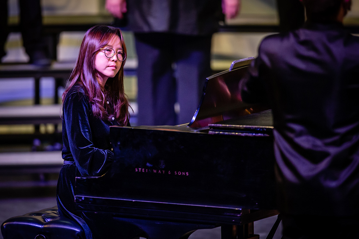 Dr. Jiwon Choi is pictured last year while accompanying the Tower Choir. (Photo by Todd Weddle/Northwest Missouri State University)