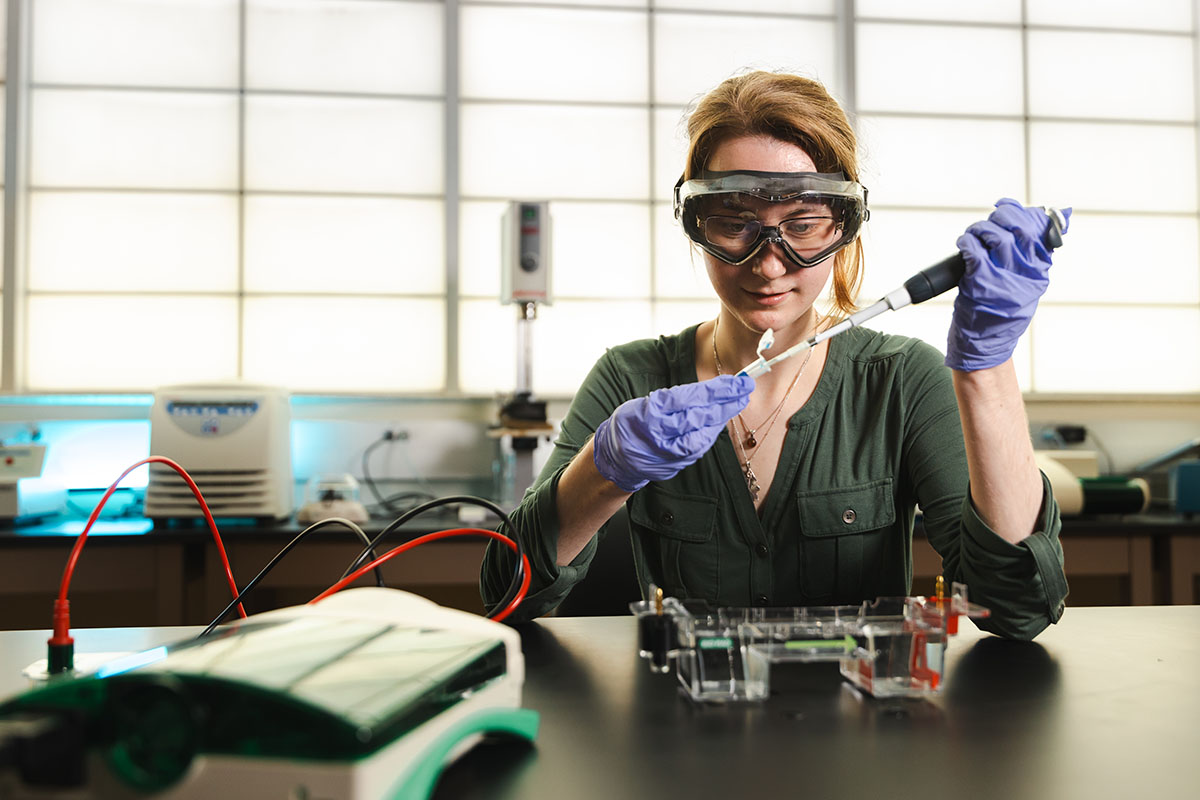 Kiersten Buck, photographed in a lab in Northwest's Dean L. Hubbard Center for Innovation, completed summer research experiences at Cornell University and George Washington University. (Photo by Lilly Cook/Northwest Missouri State University)