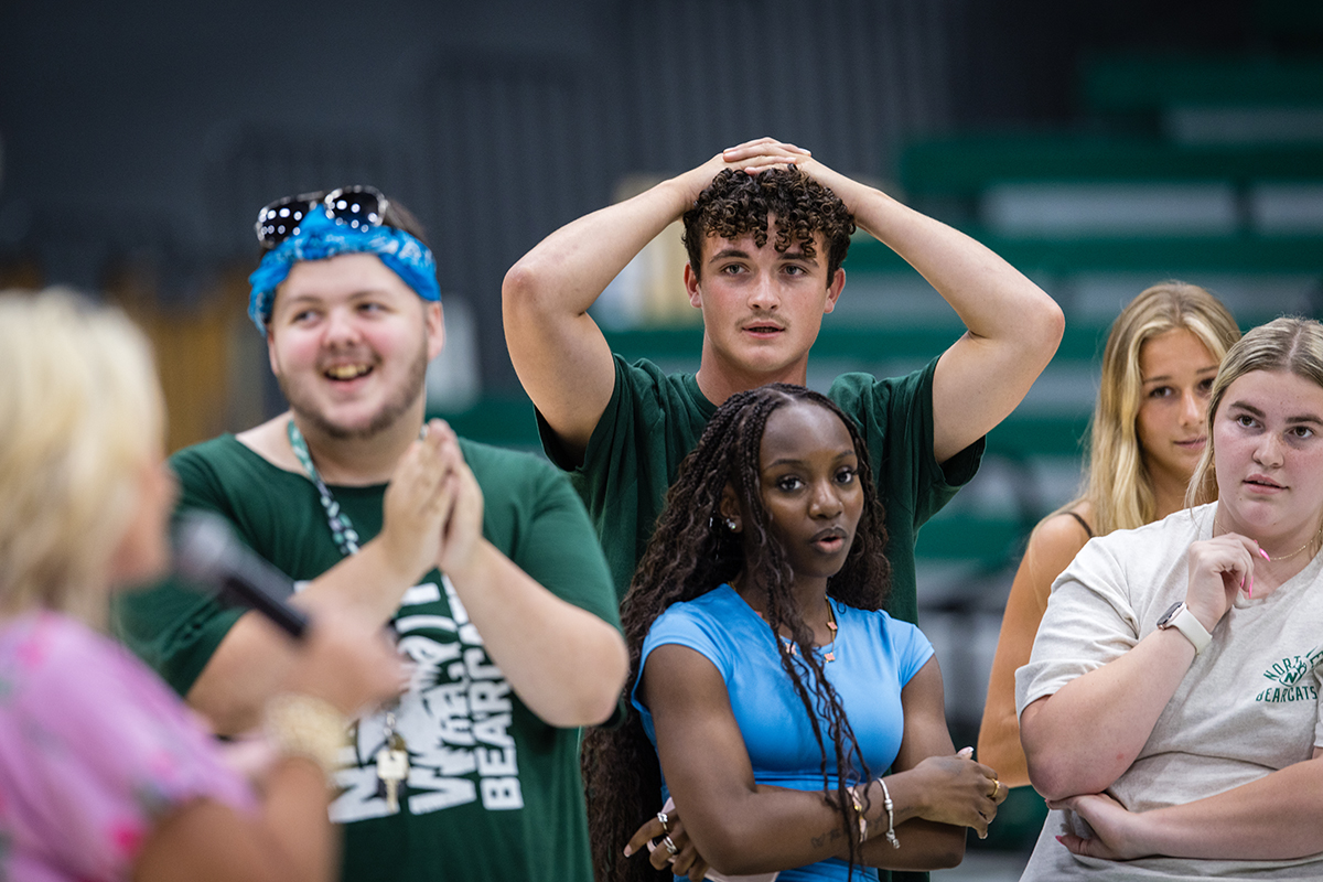 Students participated in a series of games to earn prizes during the annual convocation at Bearcat Arena on Aug. 21. (Photo by Lilly Cook | Northwest Missouri State University)