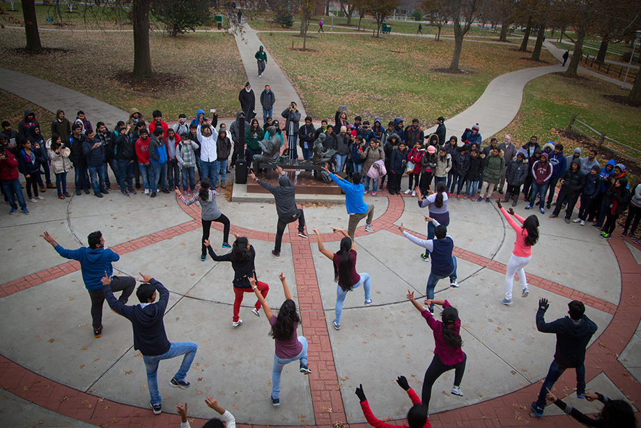 International students showing their dancing talent outside the Union.