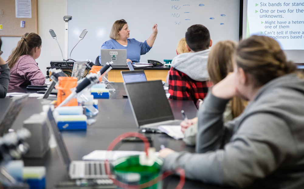 Students use their Northwest laptops during a biology lab course taught by Dr. Gretchen Thornsberry in 2023.