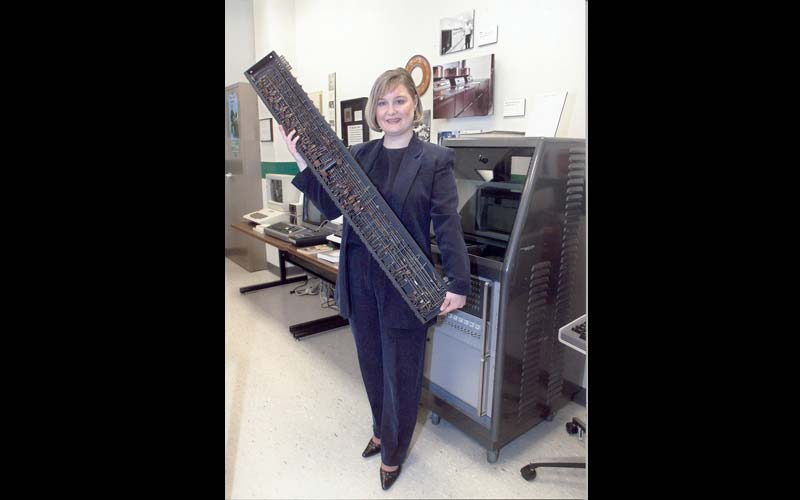 Smithsonian Loan | The Jean JENNINGS Bartik Computing Museum has an original ENIAC Decade Ring Counter on loan from the Smithsonian. Jean Jennings Bartik later acquired period vacuum tubes for the Decade Ring Counter. Center: Assistant Director/Archivist of the JENNINGS Computing Bartik Museum, K.D. Todd, holds Decade Ring Counter. (Courtesy of the Jean JENNINGS Bartik Computing Museum.) 