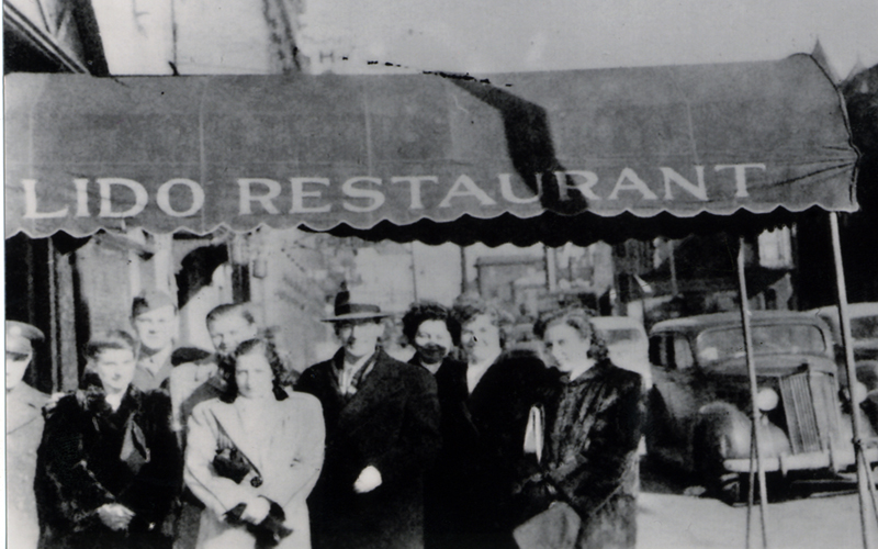 The ENIAC Women | The only picture of all the ENIAC women, except Betty Holberton (who took the picture). The picture was taken in 1946 in front of their favorite restaurant. Shown in the picture is Coporal Goldstein (maintenance engineer with Homer Spence for a short while), Fran Bilas Spence, Corporal Homer Spence, Jim Cummings (draftsman), Marlyn Wescoff Melchior, John Mauchly, Ruth Lichterman Titlebaum, Jean Jennings Bartik, Kathleen McNulty Mauchly Antonelli. (Donated by Jean Jennings Bartik and Kay Mauchly Antonelli)