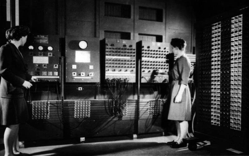 Jean & Fran Bilas | Left: Jean Jennings Bartik.  Right: Frances Bilas Spence.  Two of six women programmers, Jean and Fran operate the ENIAC's main control panel at the Moore School of Electrical Engineering. (U.S. Army photo from the archives of the ARL Technical Library)