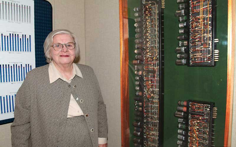 Jean Takes a Tour | Jean Jennings Bartik standing in front of a display of ENIAC Decade Ring Counters at the U.S. Army Ordnance Museum at Aberdeen Proving Ground in Maryland. (Courtesy of Robert Sheroke, United States Army Research Laboratory, Aberdeen Proving Ground.) 