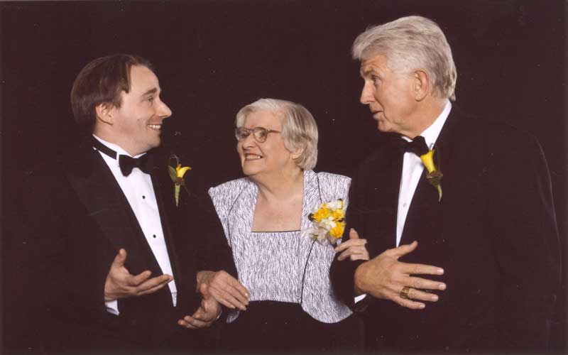 Jean & Kay | Jean Jennings Bartik and Kay McNulty Mauchly Antonelli holding an ENIAC Decade Ring Counter at the University of Pennsylvania, 2002. The ENIAC women programmers, which included 4 other women not including Jean and Kay, were rediscovered and recognized as computing pioneers in 1996.  The women began to receive acclaim after a series of articles about Jean and fellow ENIAC programmer, Betty Synder Holberston, appeared in The Wall Street Journal.  The six women programmers were then featured in an article in the IEEE Annals of the History of Computing, Fall, Vo1. 18, No. 3. (The image of Jean and Kay with the Decade Ring Counter was taken by Northwest University Marketing and Communication photographer, Darren Whitley.  Copyright (c) 2002 Northwest Missouri State University.  All rights reserved.) 