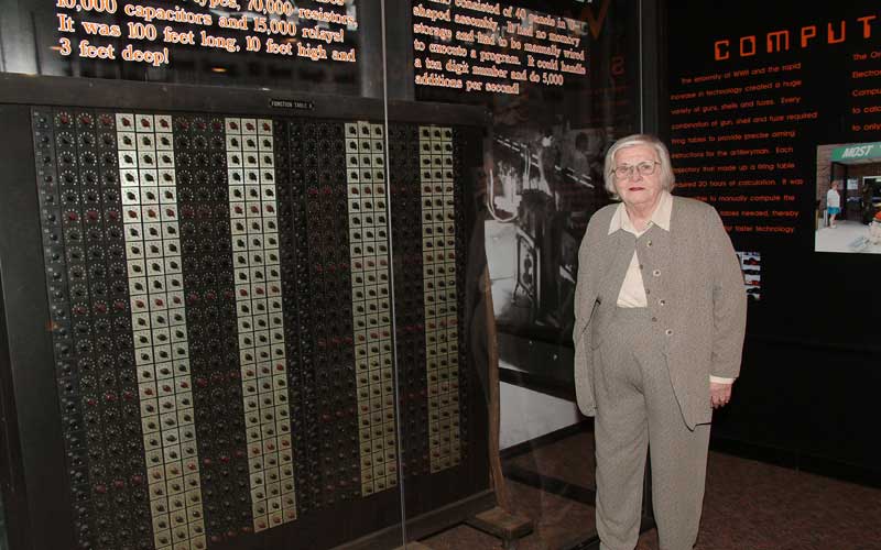 Jean at Army Museum | Jean standing in from of an ENIAC display at the U.S. Army Ordnance Museum at Aberdeen Proving Ground in Maryland.  (Courtesy of Robert Sheroke, United States Army Research Laboratory, Aberdeen Proving Ground.)