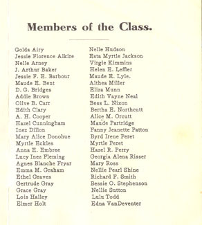 Listing of the first graduates from the new Normal School in the first graduation pamphlet.