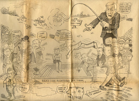 James Todd was the Editor-in-Chief of the Nodaway Democrat and one of the ringleaders involved in getting the State Officials to select Maryville as the location for the Fifth District Normal School.  The cartoon shows a caricature of James Todd using a whip.