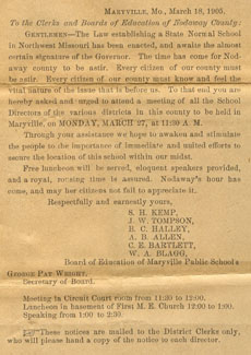 Flier letting people know that the law for a State Normal School in Northwest Missouri had been approved.  The flier urges the community to support efforts to obtain the Normal School in Maryville.