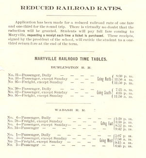 Listing of time tables for Maryville's two railroads, the Wabash and Burlington.