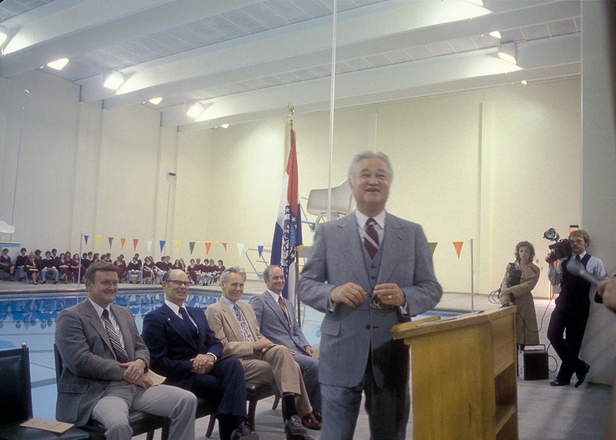 Former University President Robert Foster speaks at the dedication for the Robert P. Foster Aquatic Center, which was named in his honor in 1981. The facility was renovated in reopened in 2015 as the Robert and Virginia Foster Fitness Center.