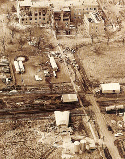 The force of the explosion hurtled the tank back to the Wabash Railroad tracks behind the hall.