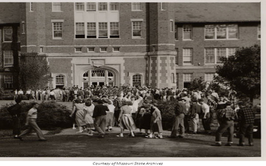 Students gather outside of the Administration Building for annual Walk-Out Day activities.