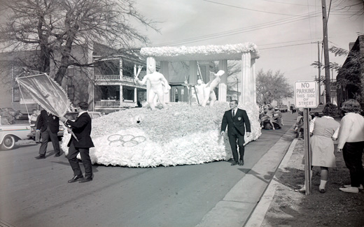 The 1962 Northwest Homecoming Parade was one of many elaborate floats like this tribute to the Olympics.