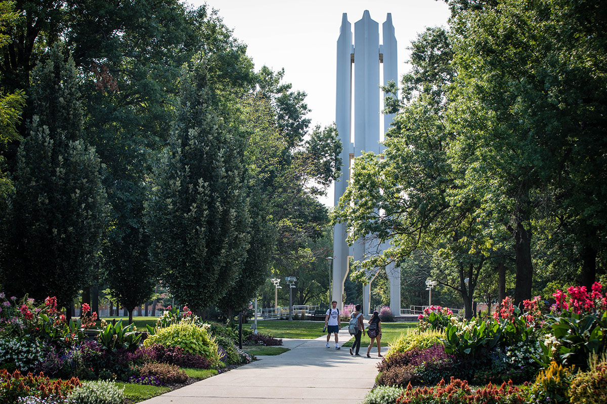 Pictured in fall 2022, the Memorial Bell Tower is surrounded by the beauty of the Missouri Arboretum.