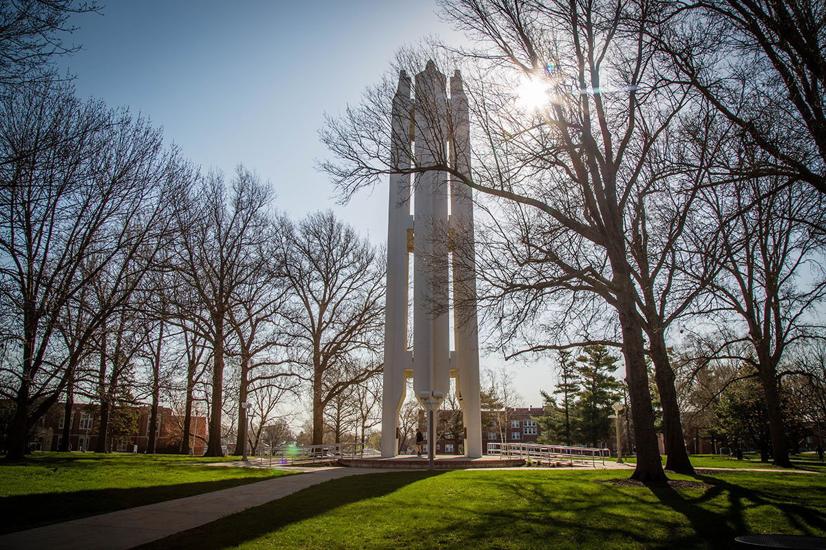 Pictured in spring 2022, the Memorial Bell Tower is surrounded by the beauty of the Missouri Arboretum.