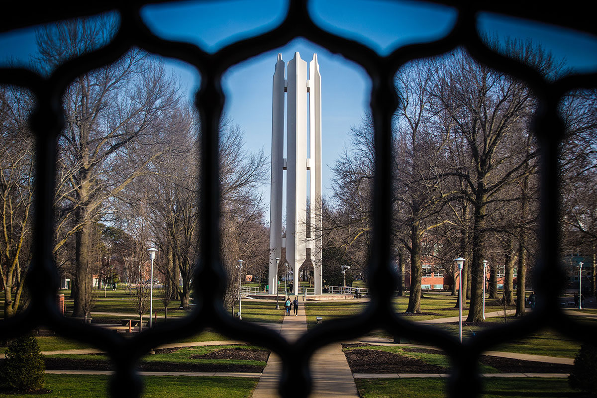 The Memorial Bell Tower as seen through windows in the Administration Building.