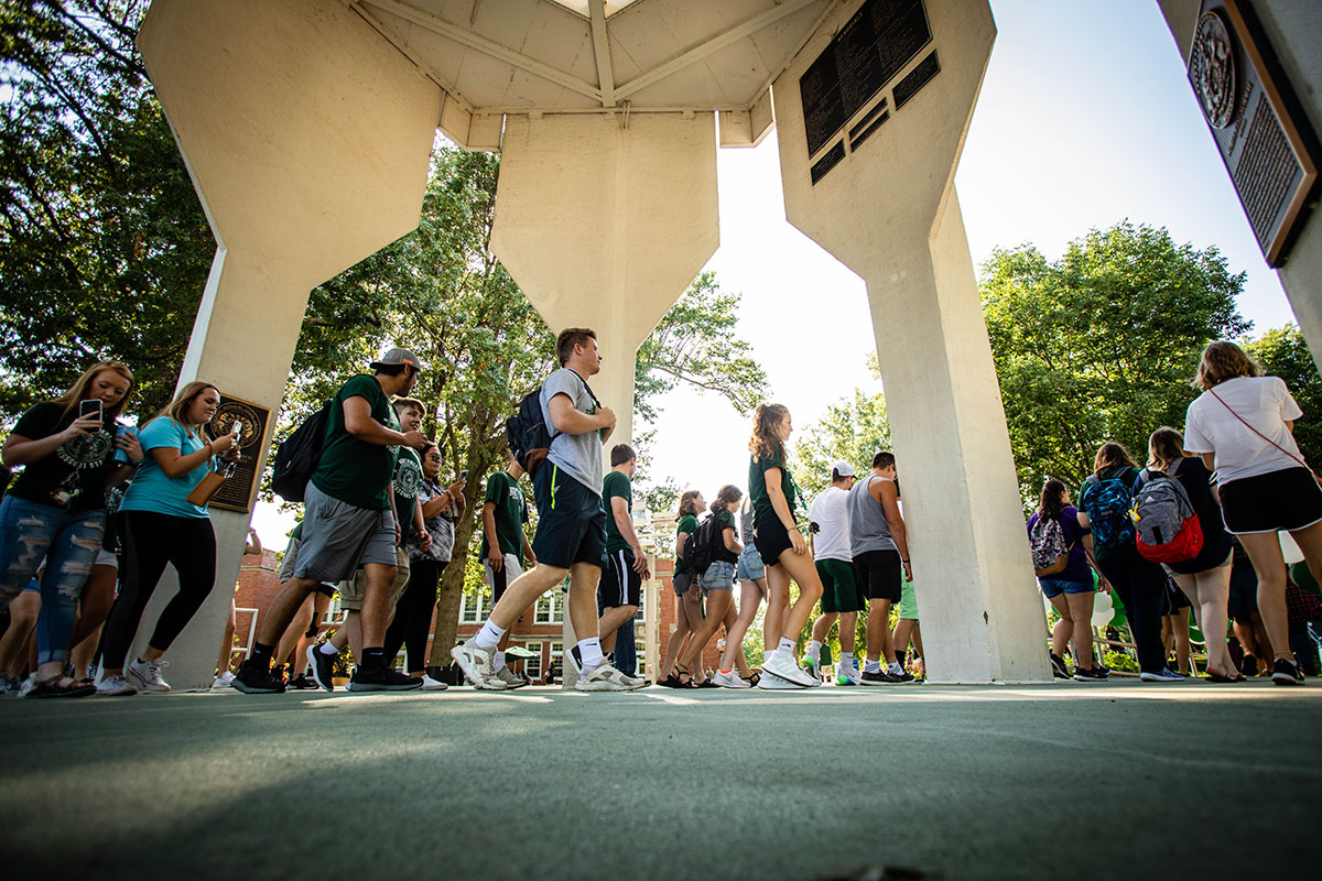 Incoming Northwest students annually parade under the Memorial Bell Tower during the “March to the Tower” to mark their passage into the Bearcat family. 