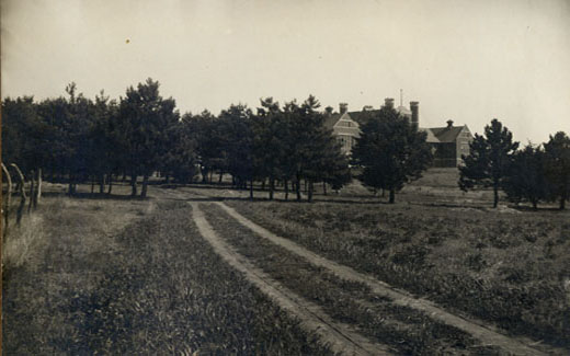 Well-worn dirt path leading up to the Administration Building.   The route, called the "Long Walk," was lined with hundreds of trees - most famously birches.