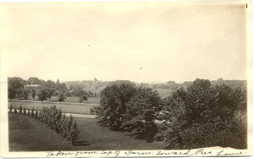View toward the President's House (Gaunt House) from the top of a residence hall.  (Donated by David Duvall.)