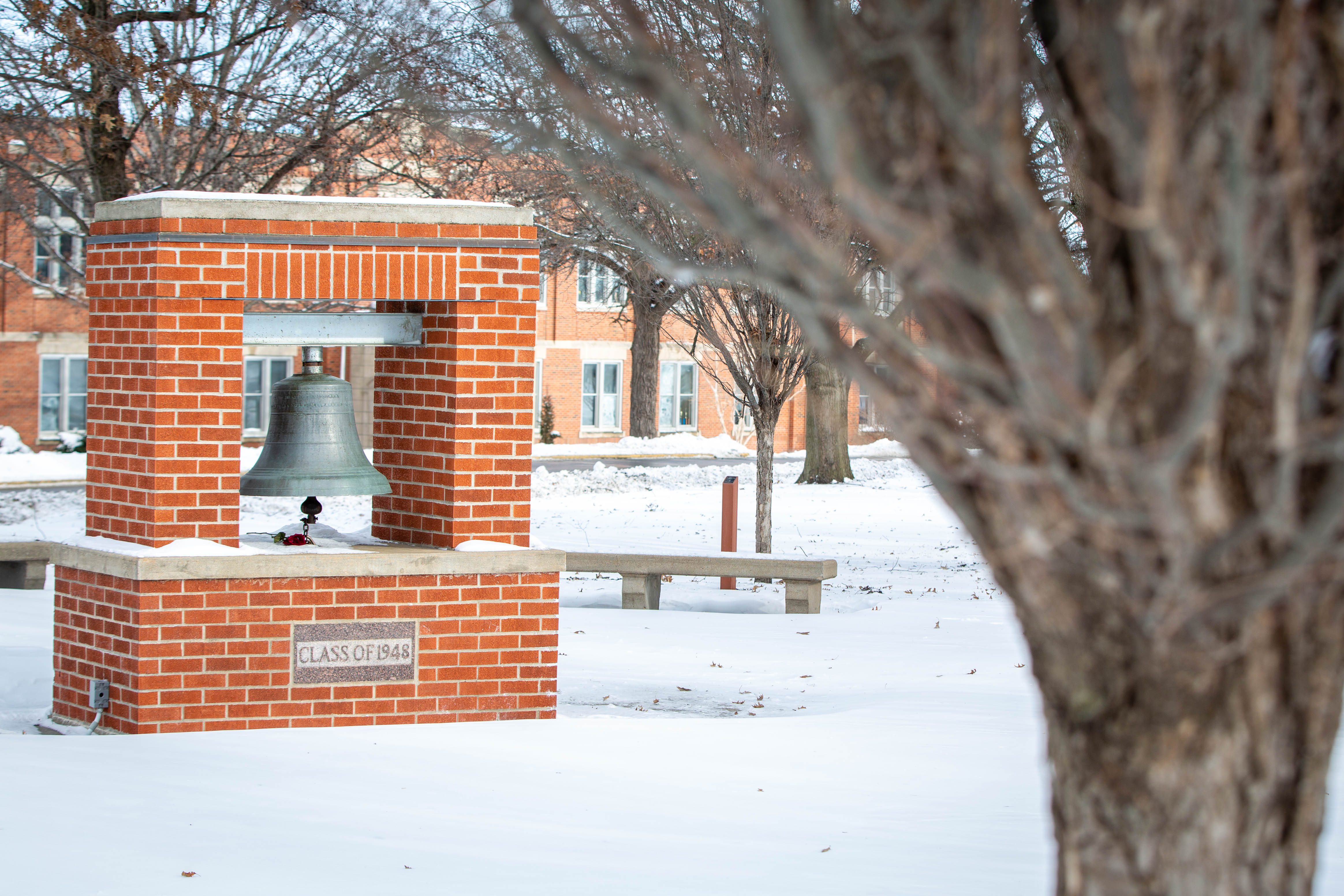 The Bell of '48 is a memorial bronze bell, encased in brick, to honor soldiers who fought and died during World War II. (Photo by Mitchell Harvey | Northwest Missouri State University)