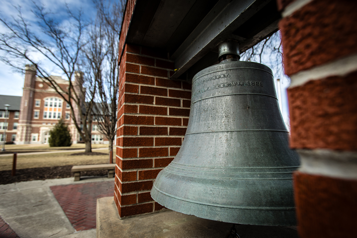 The Bell of '48 is located south of the Administration Building. (Photo by Mitchell Harvey | Northwest Missouri State University)