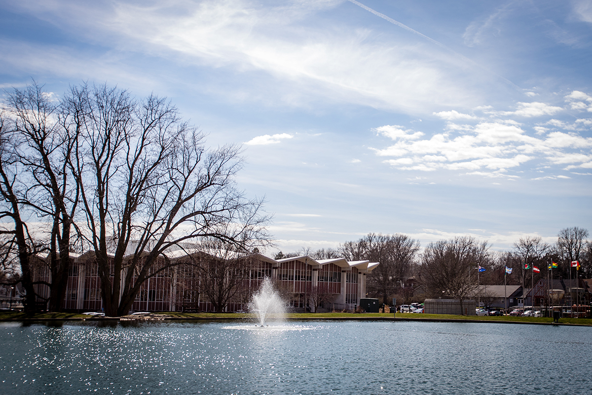 Colden Pond lies adjacent to the Olive DeLuce Fine Arts Building and the Joyce and Harvey White International Plaza. (Photo by Chloe Timmons | Northwest Missouri State University)