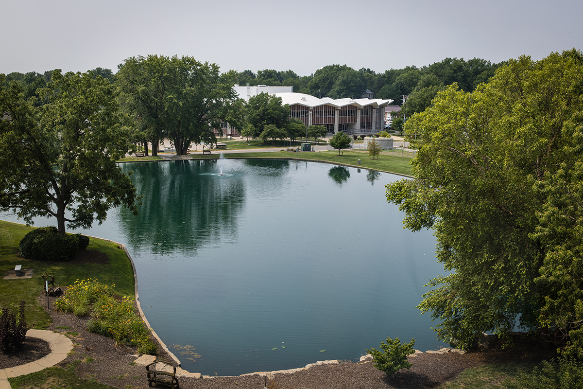 A bird's-eye view shows Colden Pond during the summer. (Photo by Lauren Adams | Northwest Missouri State University)