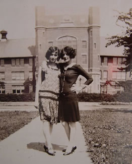 Violet Pauline Smith Biffle, on the right, with Mary Summers in front of the Administration Building.  Pauline was one of many young women to receive a teaching certificate from Northwest in 1929.