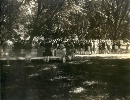Students enjoy a Walk-Out Day picnic.  The First Walk-Out Day took place on Oct. 22, 1914 and became an annual tradition.