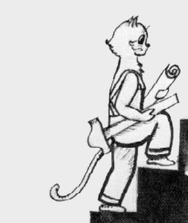 Bobby appears in a 1960 newspaper article wearing overalls and carrying builder plans and a slide ruler.  His appearance is very much cartoon and domestic cat-like.