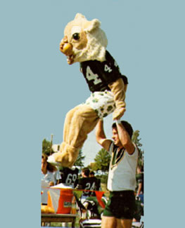 Bobby Bearcat demonstrates his athletic process at a 1988 football game.