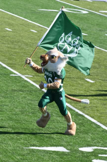 Bobby runs down Mel Tjeerdsma Field waving his flag to a cheering crowd of spectators during the 2007 Homecoming Football Game.