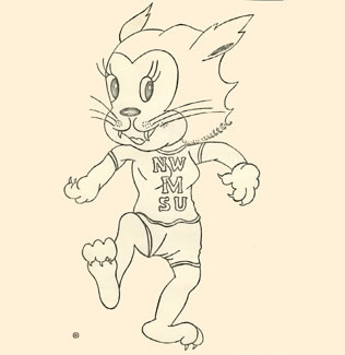 The cute, kittenish and very athletic Betty Bearcat wears a Northwest women's basketball uniform.