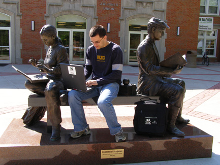 A bronze, life-sized sculpture was erected to commemorate the University's centennial (1905 to 2005).  The sculpture stands in the east plaza of the J.W. Jones Student Union.