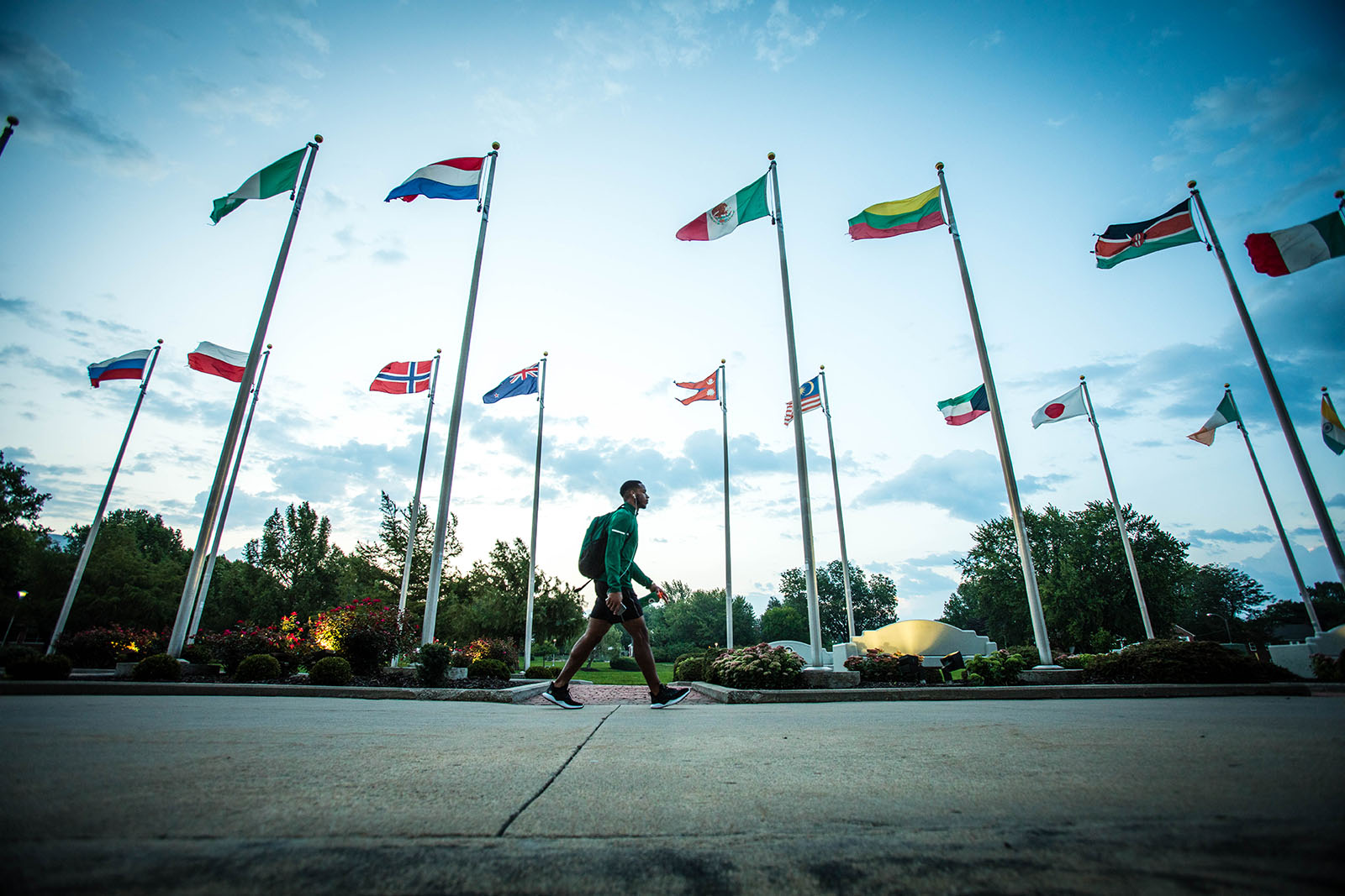 The Joyce and Harvey White International Plaza, located near Colden Pond and Martindale Hall, stretches approximately 300 feet from West Fourth Street to the center of the campus.