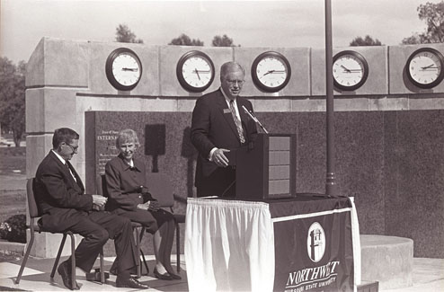 During the dedication of the Joyce and Harvey White International Plaza in 1998, then-University President Dr. Dean Hubbard addressed the crowd as Joyce and Harvey White were honored.