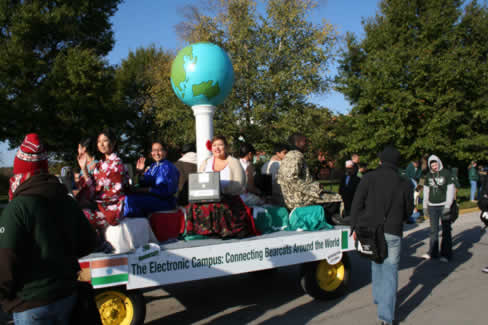 The theme of the 2007 Homecoming Parade was "Bobby Bearcat Goes Around the World" and floats like the Information Technology/International Student Organization float represented Northwest's global outreach.