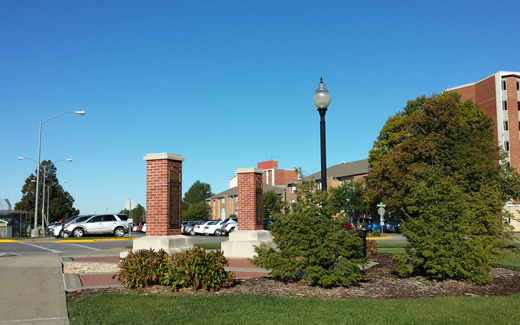 World War Memorial Plaza - West of B.D. Owens Library, on the corner of College Park Avenue and Memorial Drive, two brick pillars display the names of 46 soldiers who served in the First World War. The plaques were initially displayed in 1919 by the Nodaway County Daughters of the American Revolution and were rededicated in their current location in 2006.